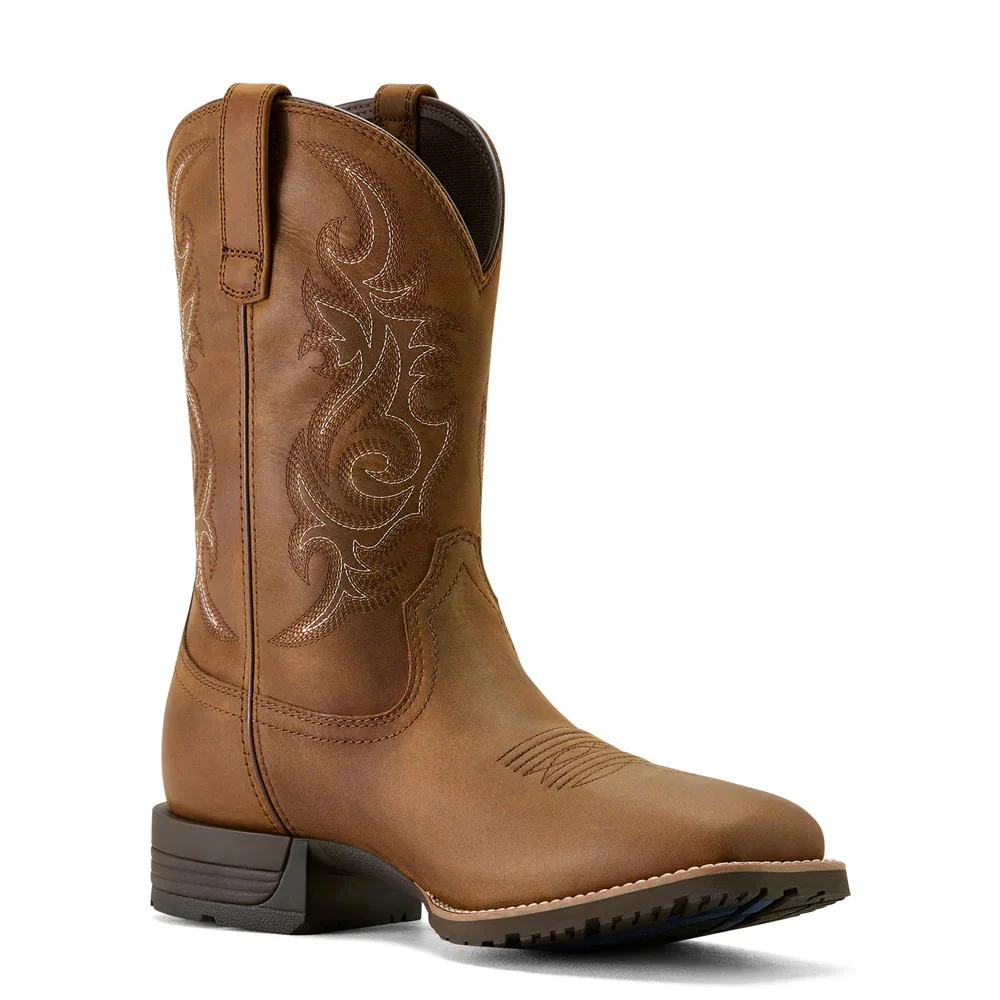 Ariat Men's Hybrid Ranchway Waterproof Wide Square Toe Cowboy Boot- Distressed Brown