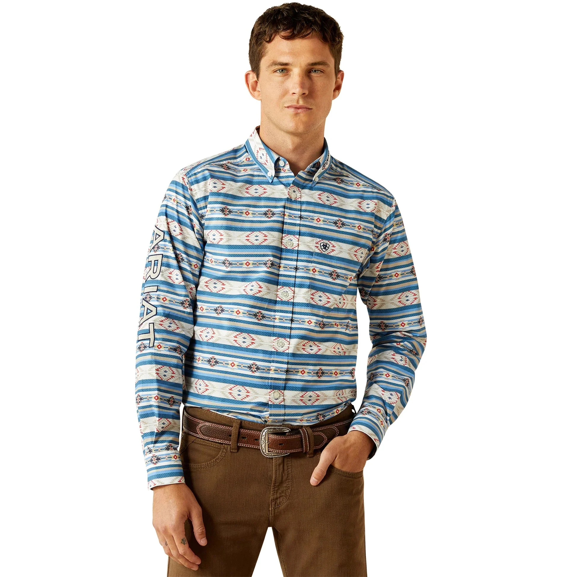 Ariat Men's Long Sleeve Team Albert Fitted Shirt - Dark Teal/Khaki - Image 3