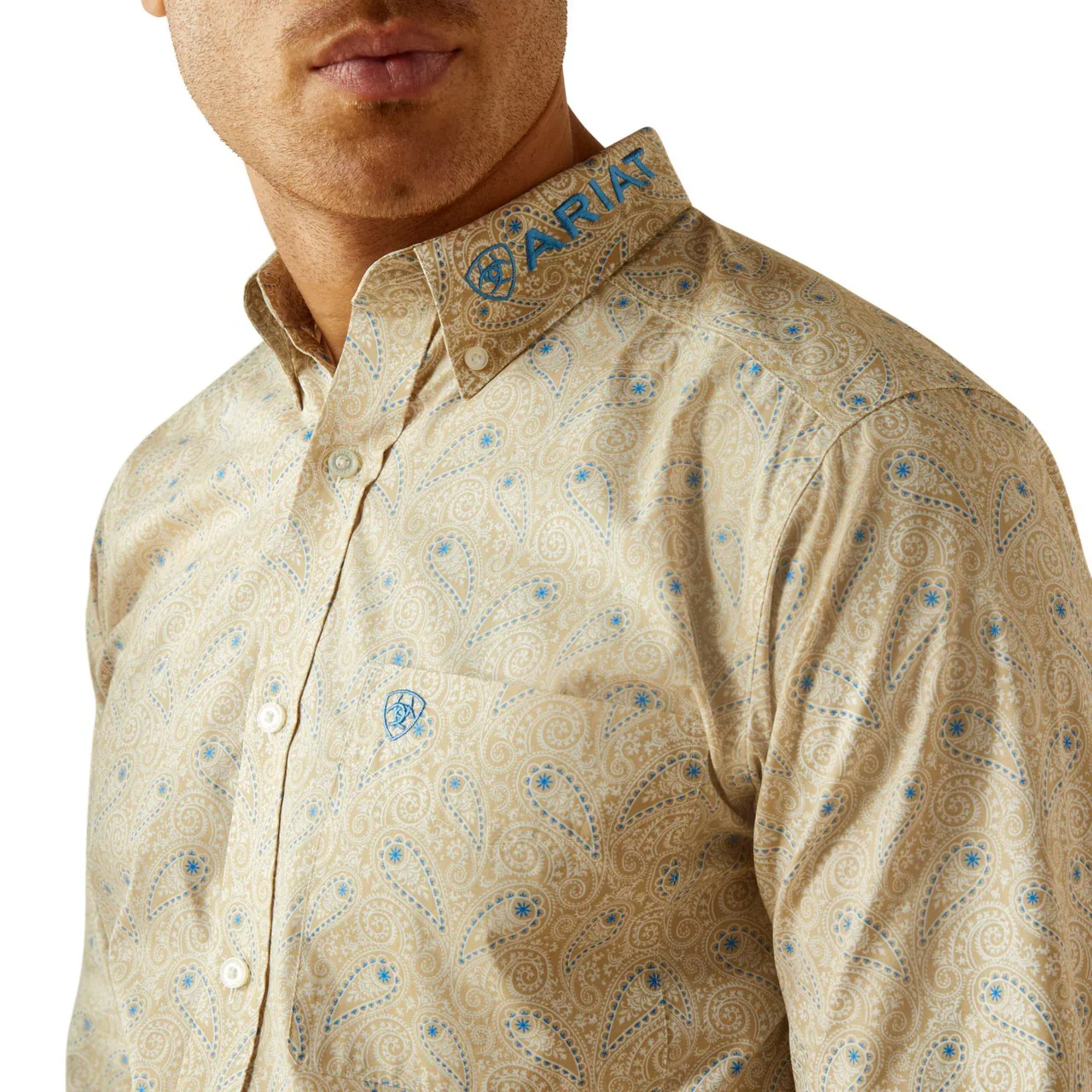 Ariat Men's Long Sleeve Team Alder Fitted Shirt- Khaki/Blue - Image 4