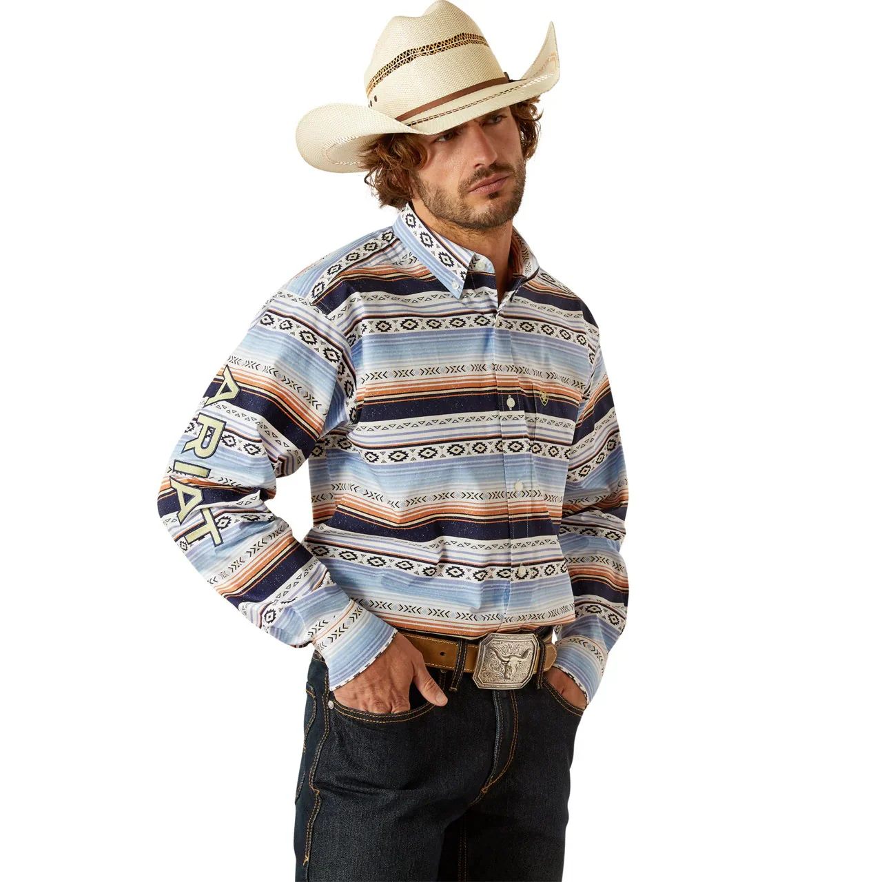 Ariat Men's Long Sleeve Team Deacon Classic Fit Shirt - Blue/Light Green - Image 3
