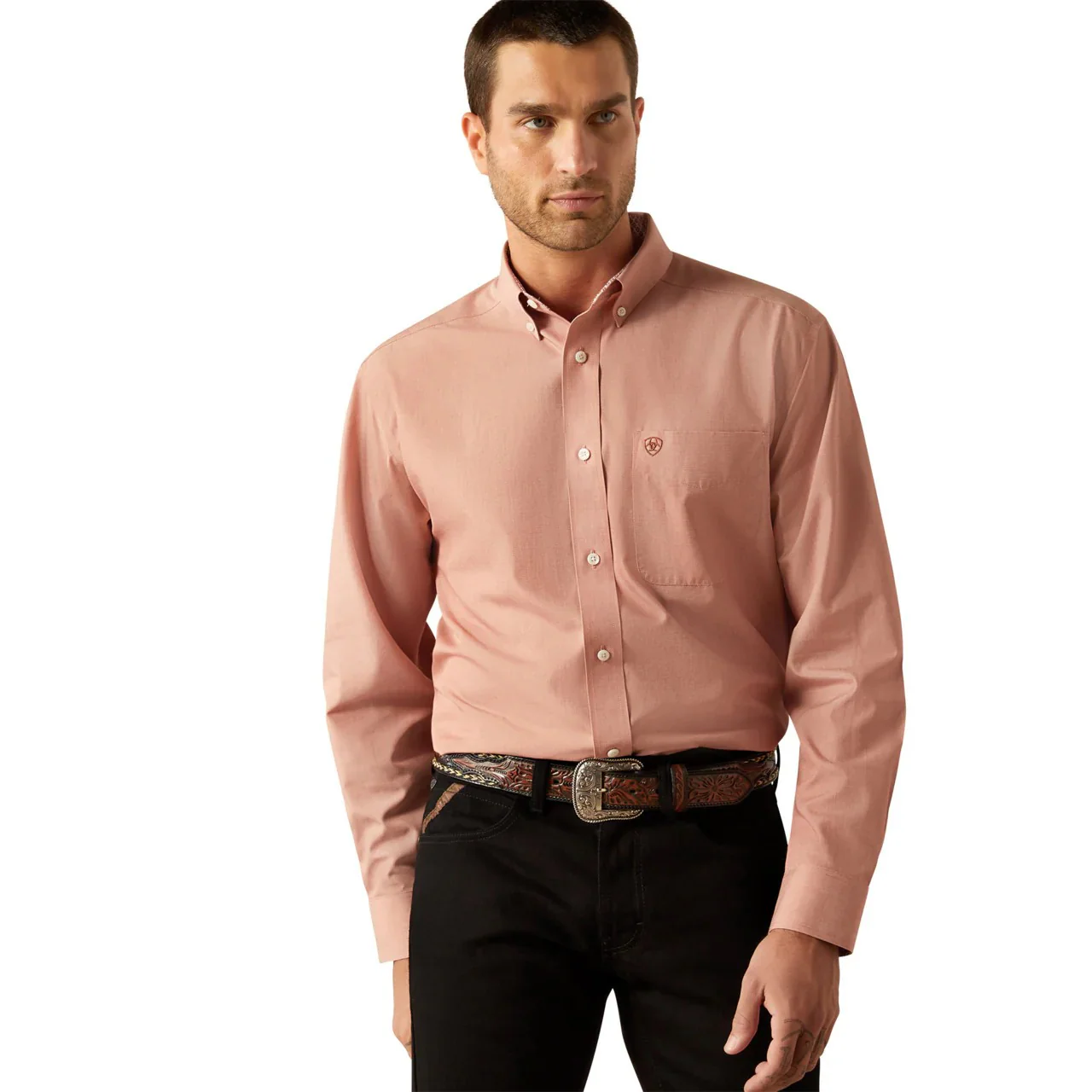 Ariat Men's Long Sleeve Wrinkle Free Solid Shirt- Brick - Image 3