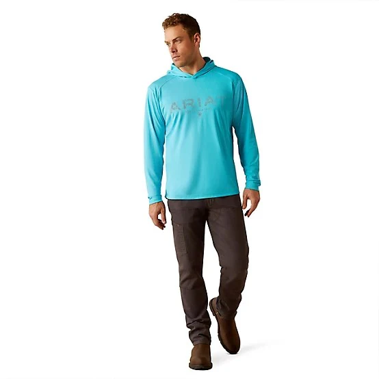 Ariat Men's Rebar Long Sleeve Sunblocker Hooded Tee Shirt- Blue Atoll - Image 6