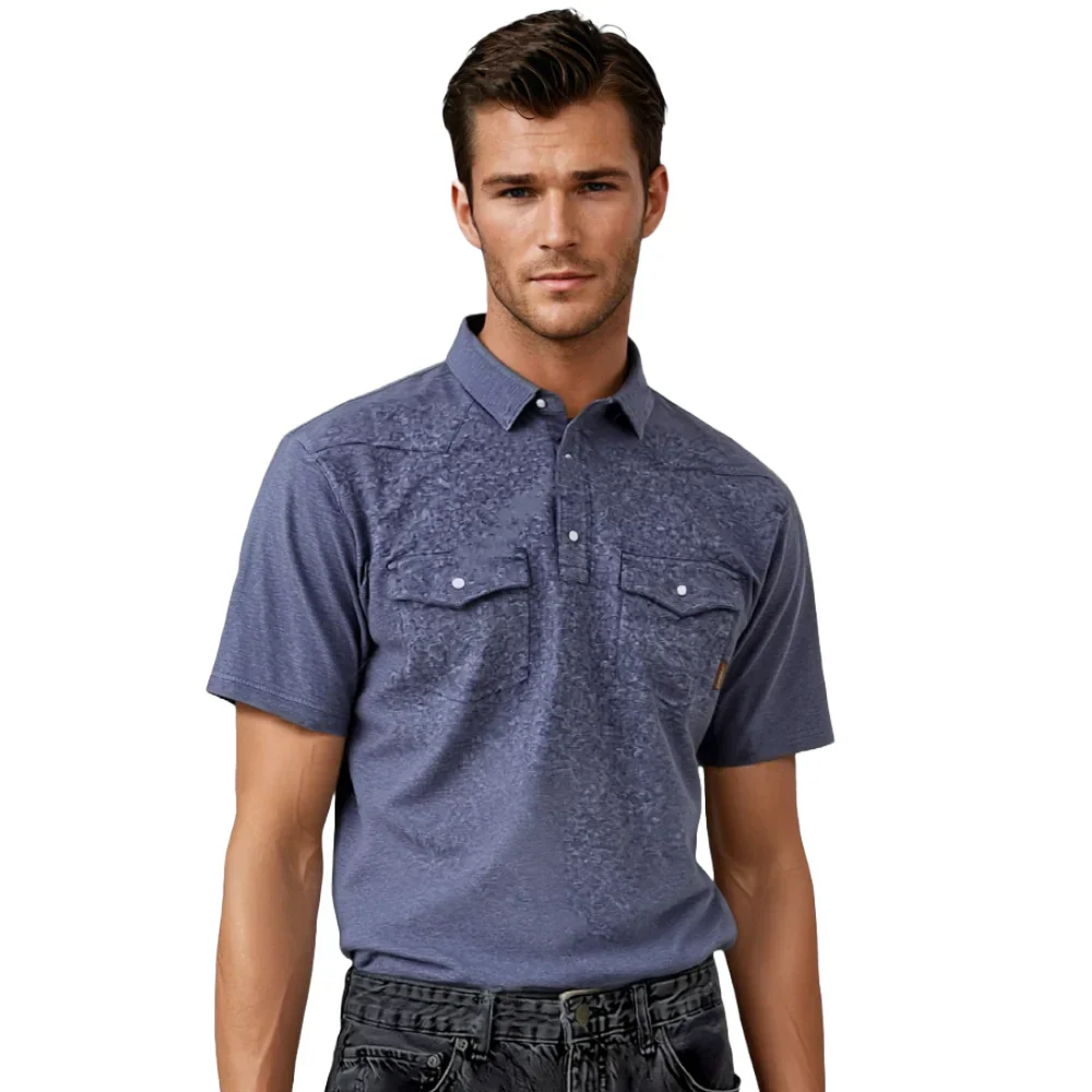 Ariat Men's Short Sleeve Retro Snap Polo- Blue - Image 2