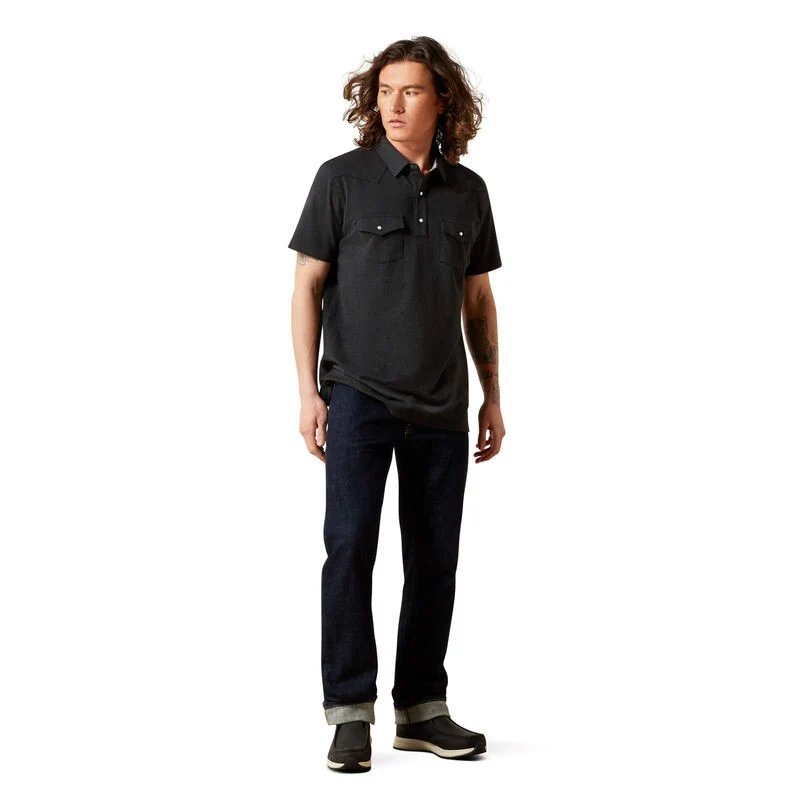 Ariat Men's Short Sleeve Retro Western Snap Polo- Black - Image 3