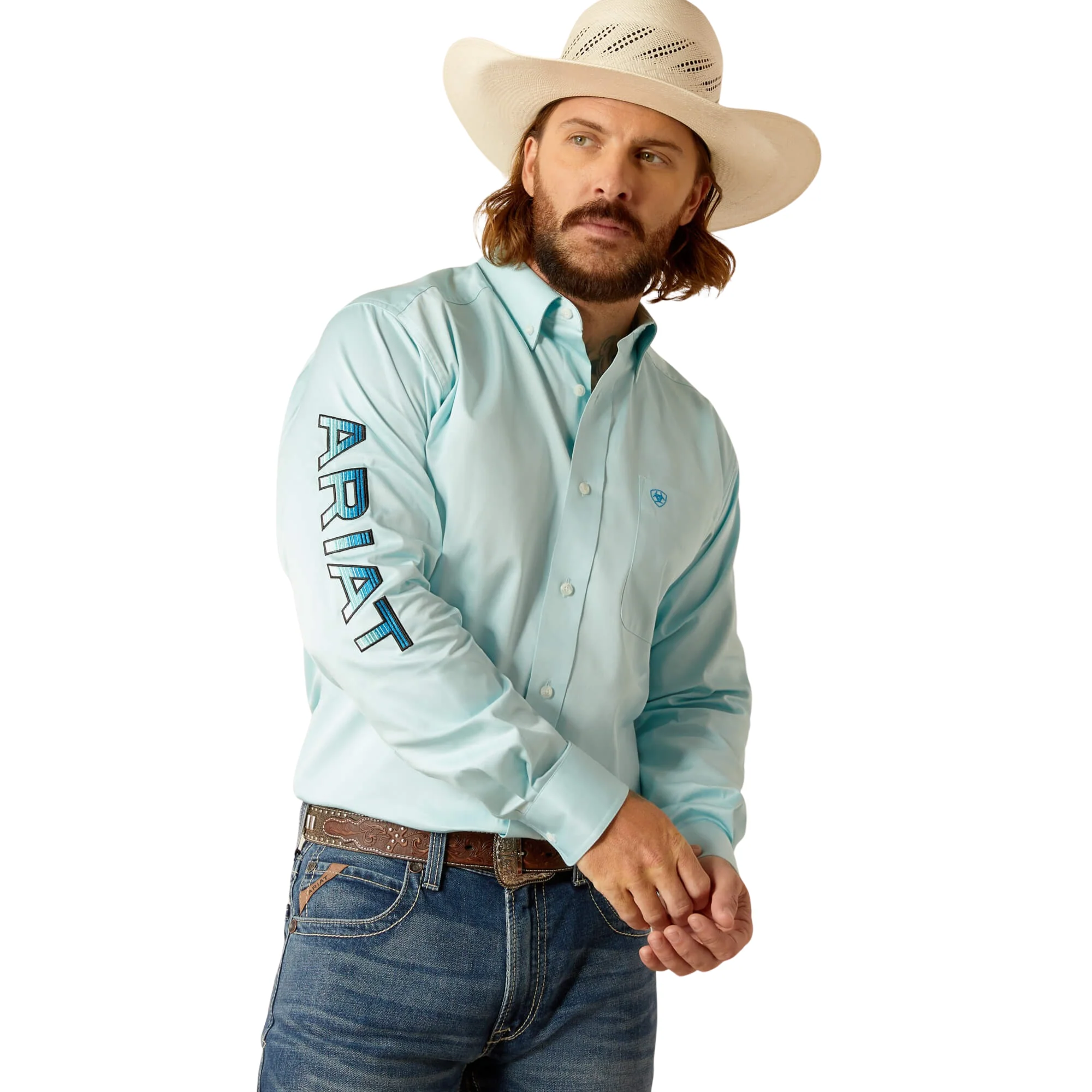 Ariat Men's Team Logo Twill Fitted Long Sleeve Shirt - Light Aqua - Image 5
