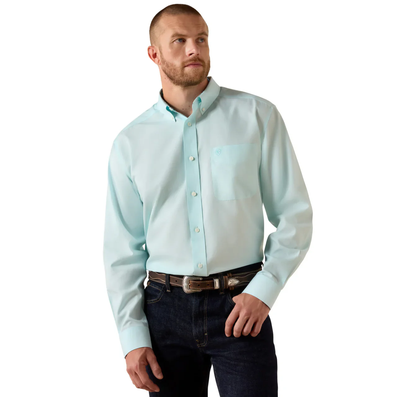 Ariat Men's WF Solid Pinpoint Oxford Long Sleeve Shirt - Angel Blue