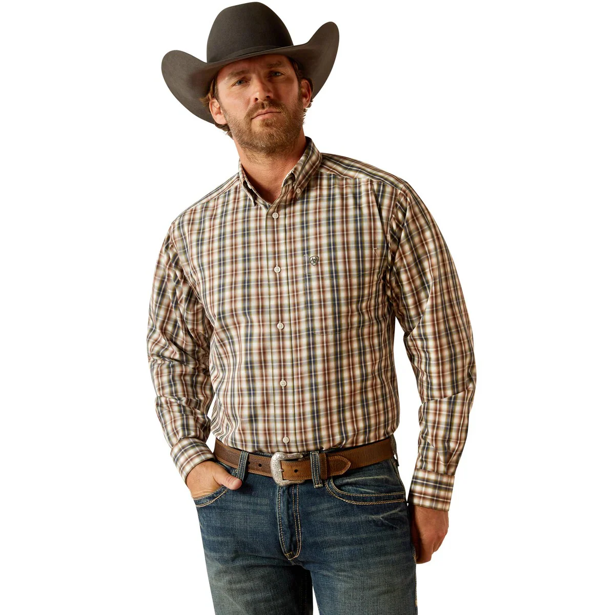 Ariat Men's Wrinkle Free Folk Classic Fit Long Sleeve Shirt - Brown - Image 3