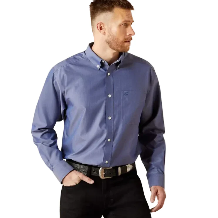 Ariat Men's Wrinkle Free Solid Pinpoint Oxford Long Sleeve Shirt - Blue