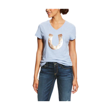 Ariat Short Sleeve Women's T-Shirt - Powder Blue Heather w Sequin Horseshoe Motif