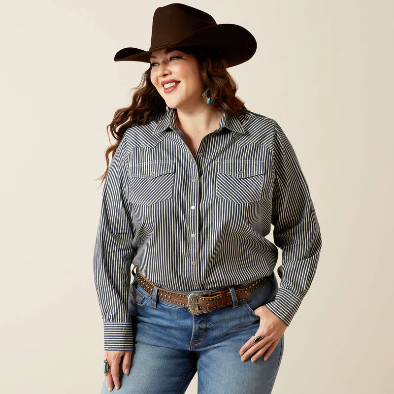Ariat Women's  Indigo Railroad Stripe Long Sleeve Shirt - Indigo Stripe - Image 2