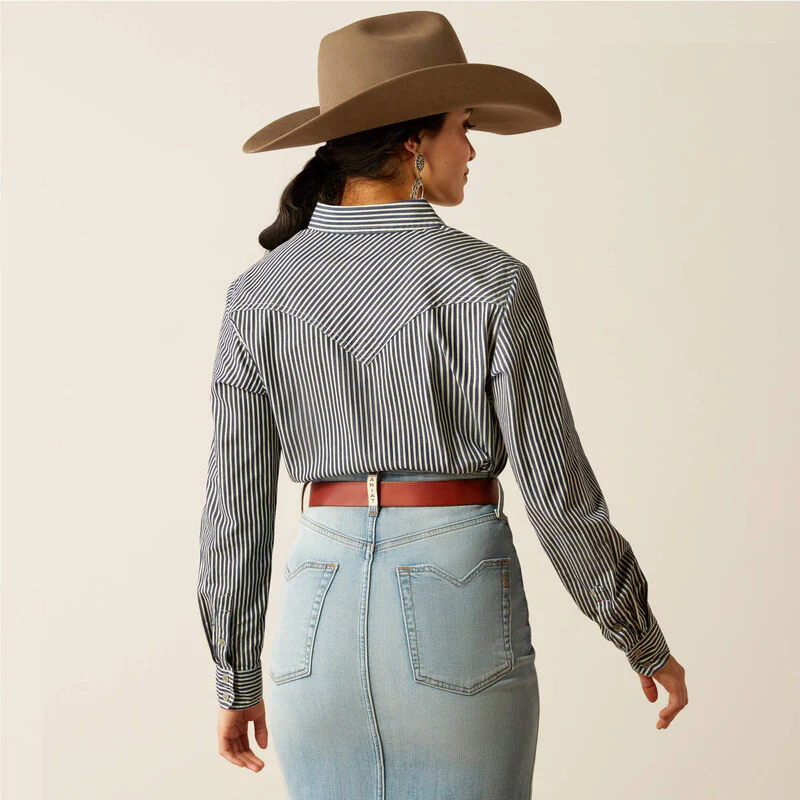 Ariat Women's  Indigo Railroad Stripe Long Sleeve Shirt - Indigo Stripe - Image 3