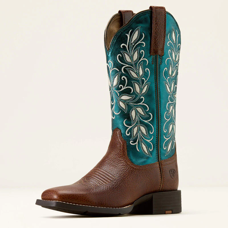 Ariat Women's Round Up Holly Wide Square Toe Western Boot- Brown/ Metallic Sea