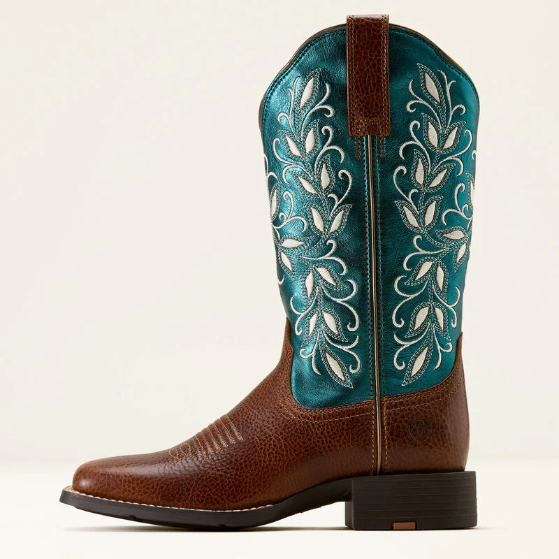 Ariat Women's Round Up Holly Wide Square Toe Western Boot- Brown/ Metallic Sea - Image 2