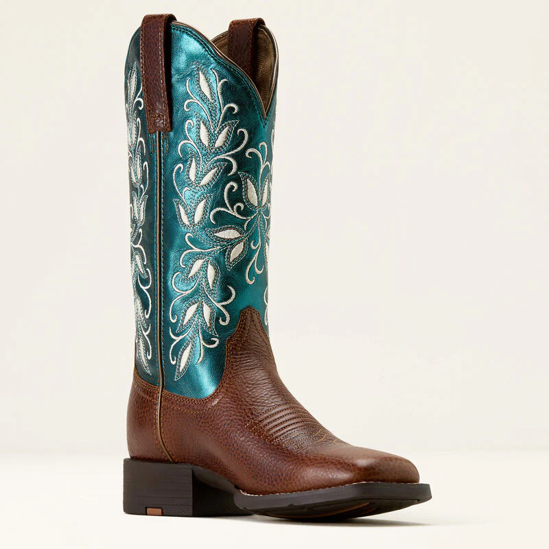 Ariat Women's Round Up Holly Wide Square Toe Western Boot- Brown/ Metallic Sea - Image 4