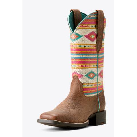 Ariat Women's Round Up Wide Square Toe Stretchfit Western Boot- Tan Southwest Emboss - Image 2