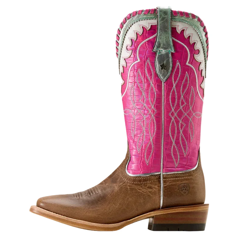 Ariat Women's Riata Wide Square Toe Western Boot - Fawn/Knockout Pink - Image 2