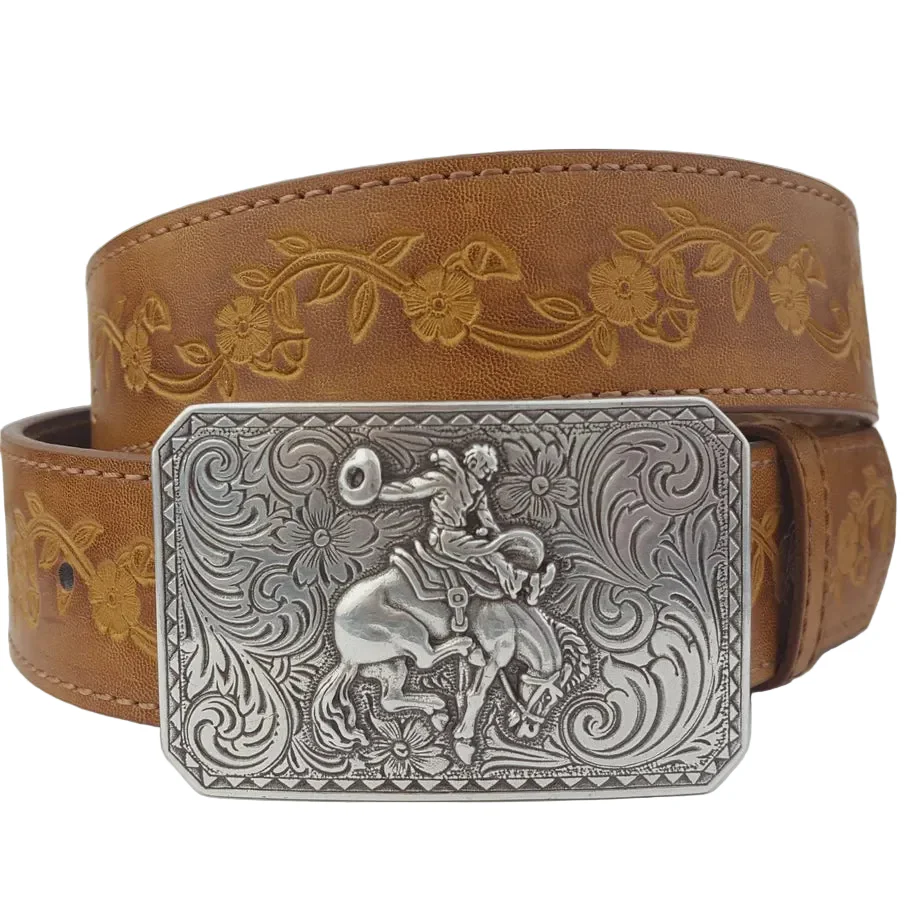 Axesoria West Unisex Rodeo Buckle with Vintage Floral Tooled Belt- Tan
