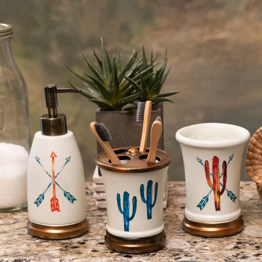 HiEnd Cactus 3-Pc Bath Countertop Accessory Set - Cream w/Coral & Turquoise Accents