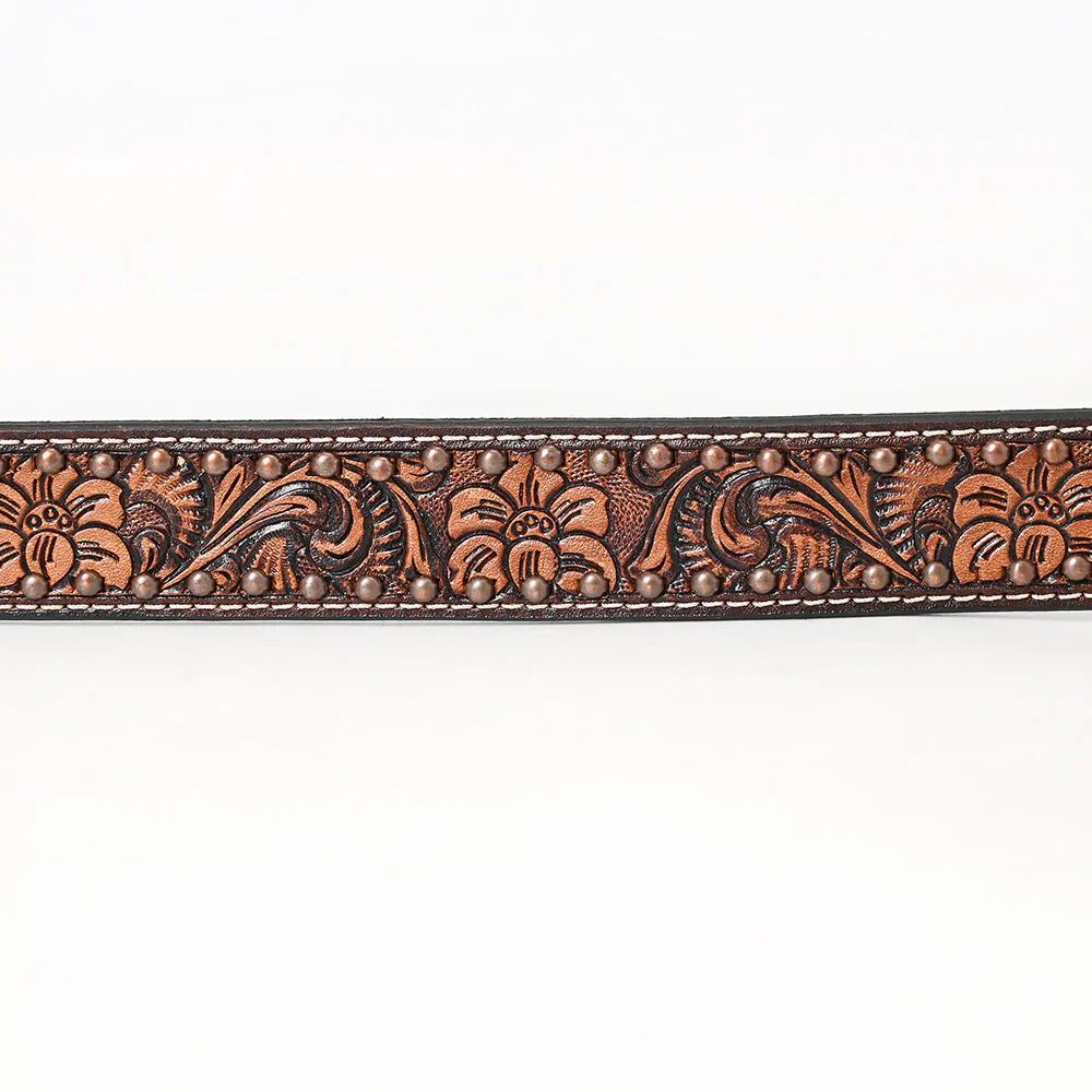 Bar H Hand Tooled Western Premium Leather Unisex Belt - Brown - Image 2