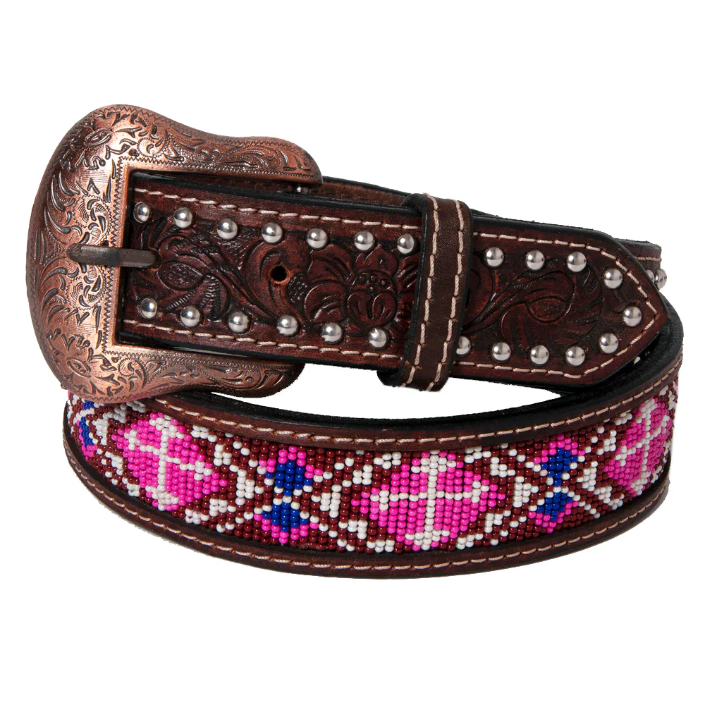 Bar H Western Beaded Inlay Leather Belt - Antique Brown w/Red/White/Cream - Image 2