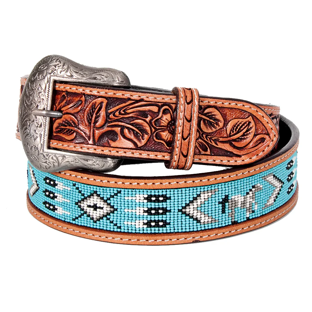 Bar H Western Leather Belt Tan - Turquoise - Image 2