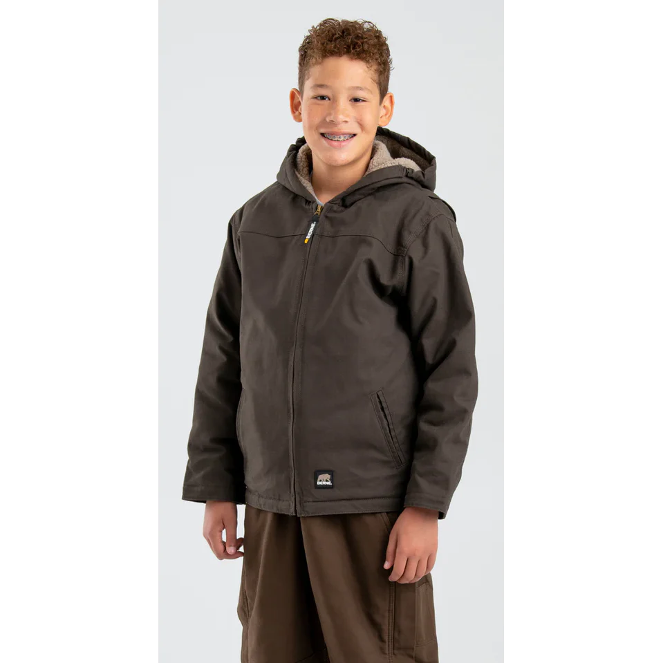 Berne Youth Sherpa Lined Softstone Duck Hooded Jacket - Bark - Image 3