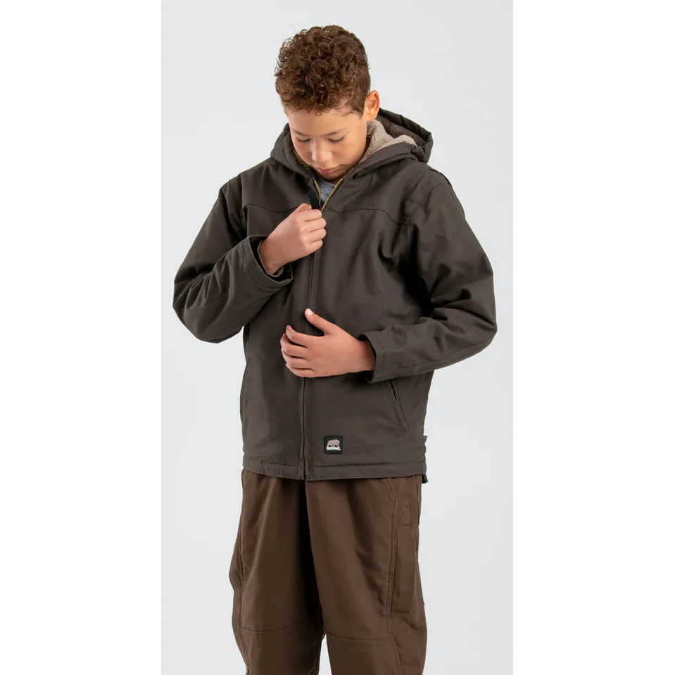 Berne Youth Sherpa Lined Softstone Duck Hooded Jacket - Bark - Image 4