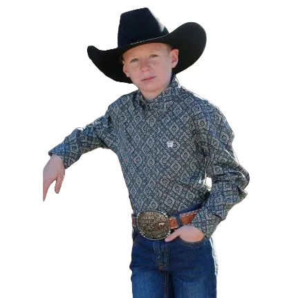 Cinch Boy Long Sleeve Button Down Print Shirt - Grey