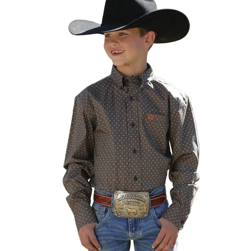 Cinch Boy's Long Sleeve Patterned Shirt - Brown