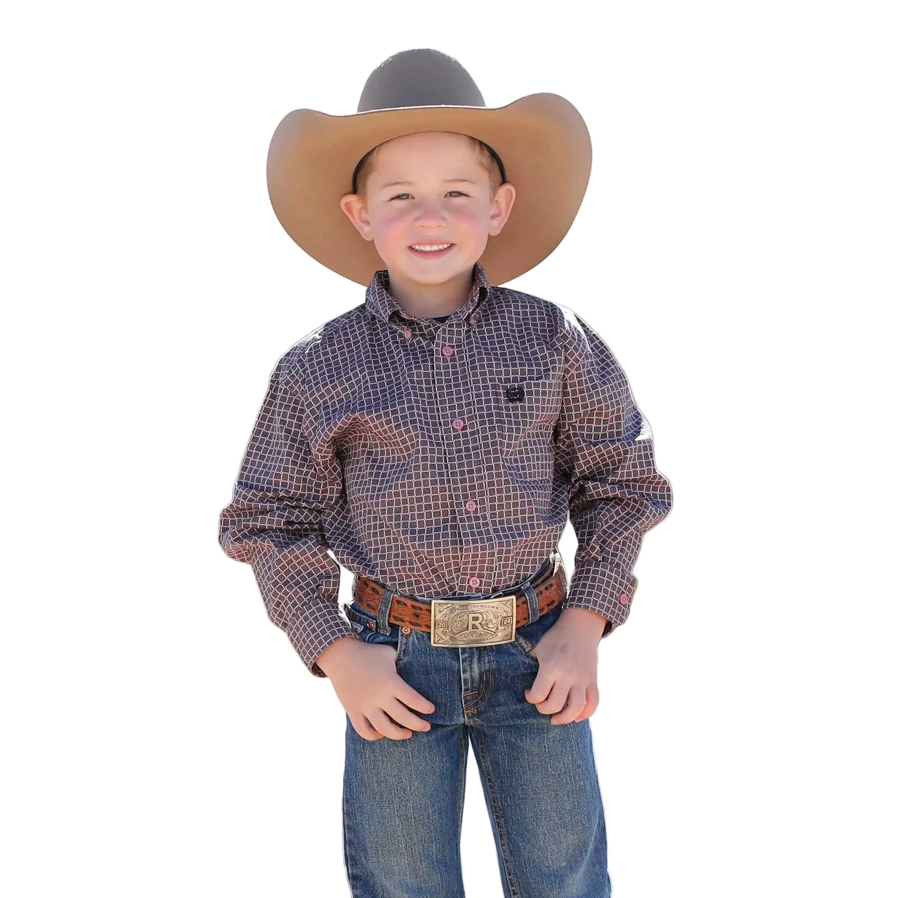 Cinch Boy's Long Sleeve Square Print Button Down Shirt - Pink