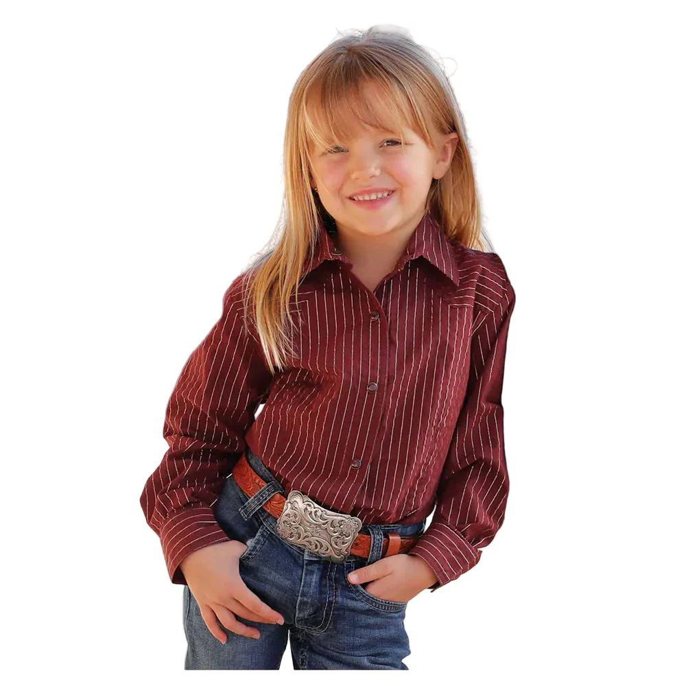 Cinch Girl's Stripe Snap Button Down Long Sleeve Shirt -  Burgundy