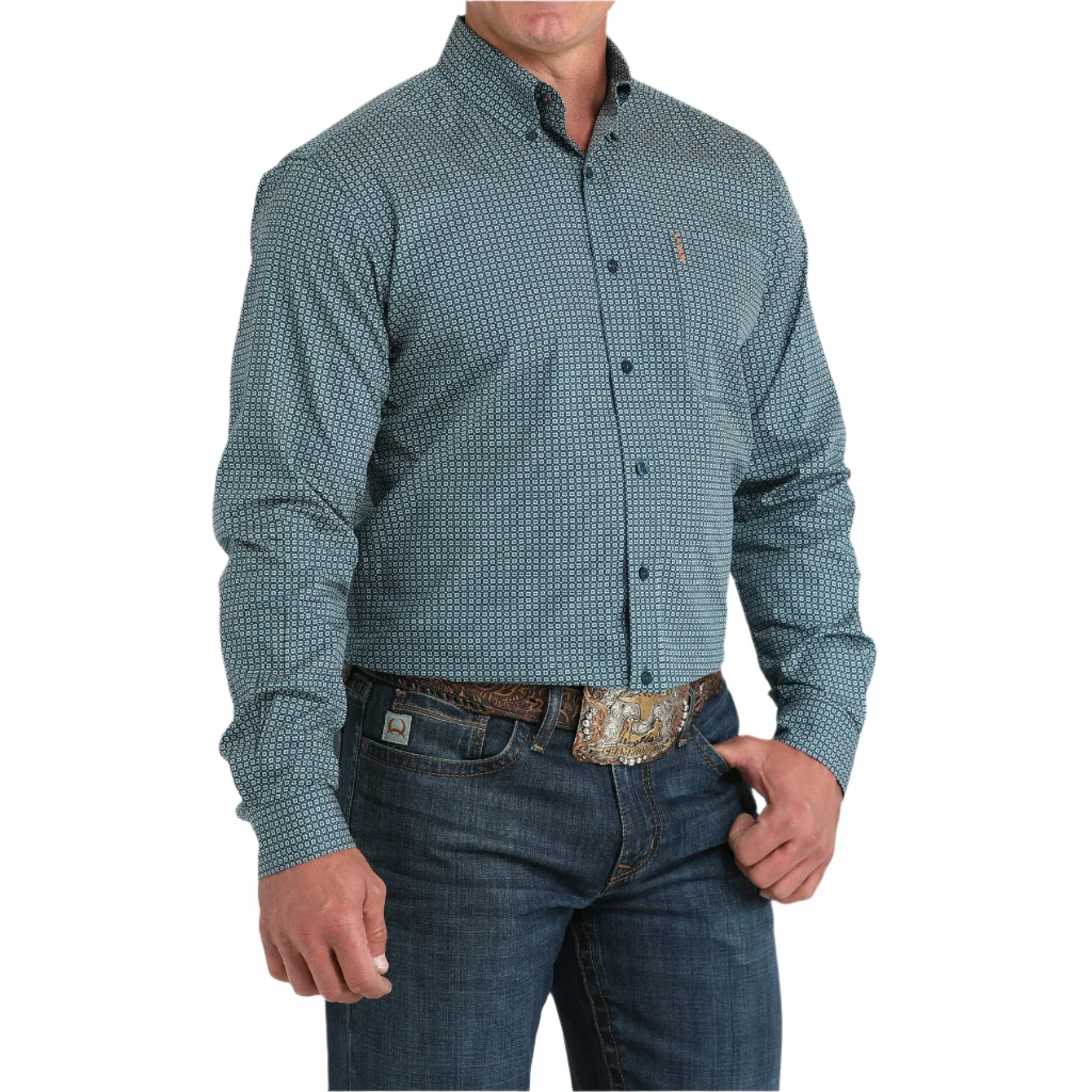 Cinch Men's Long Sleeve Button Down Geo Print Shirt - Teal - Image 3