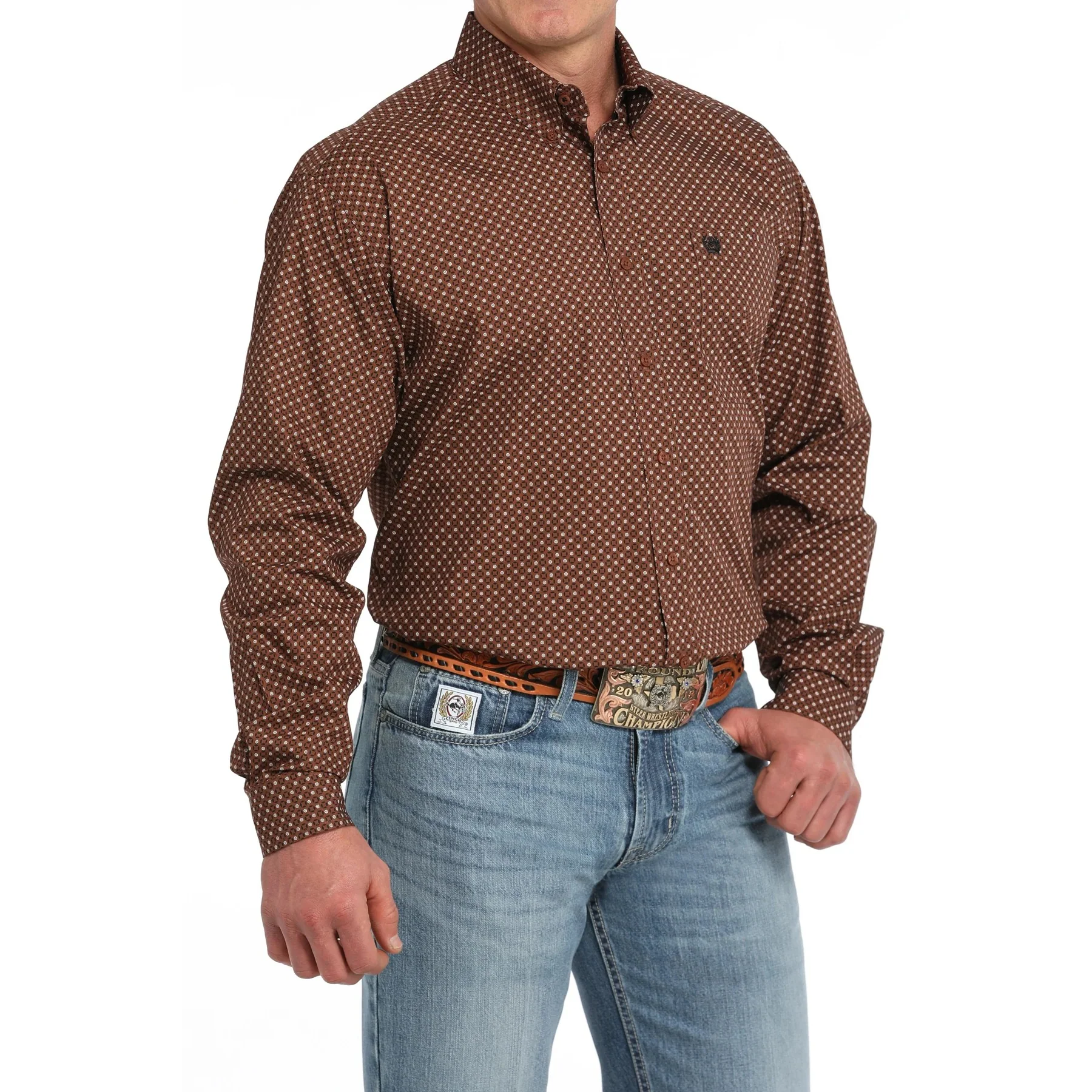 Cinch Men's Long Sleeve Geometric Print Shirt - Brown