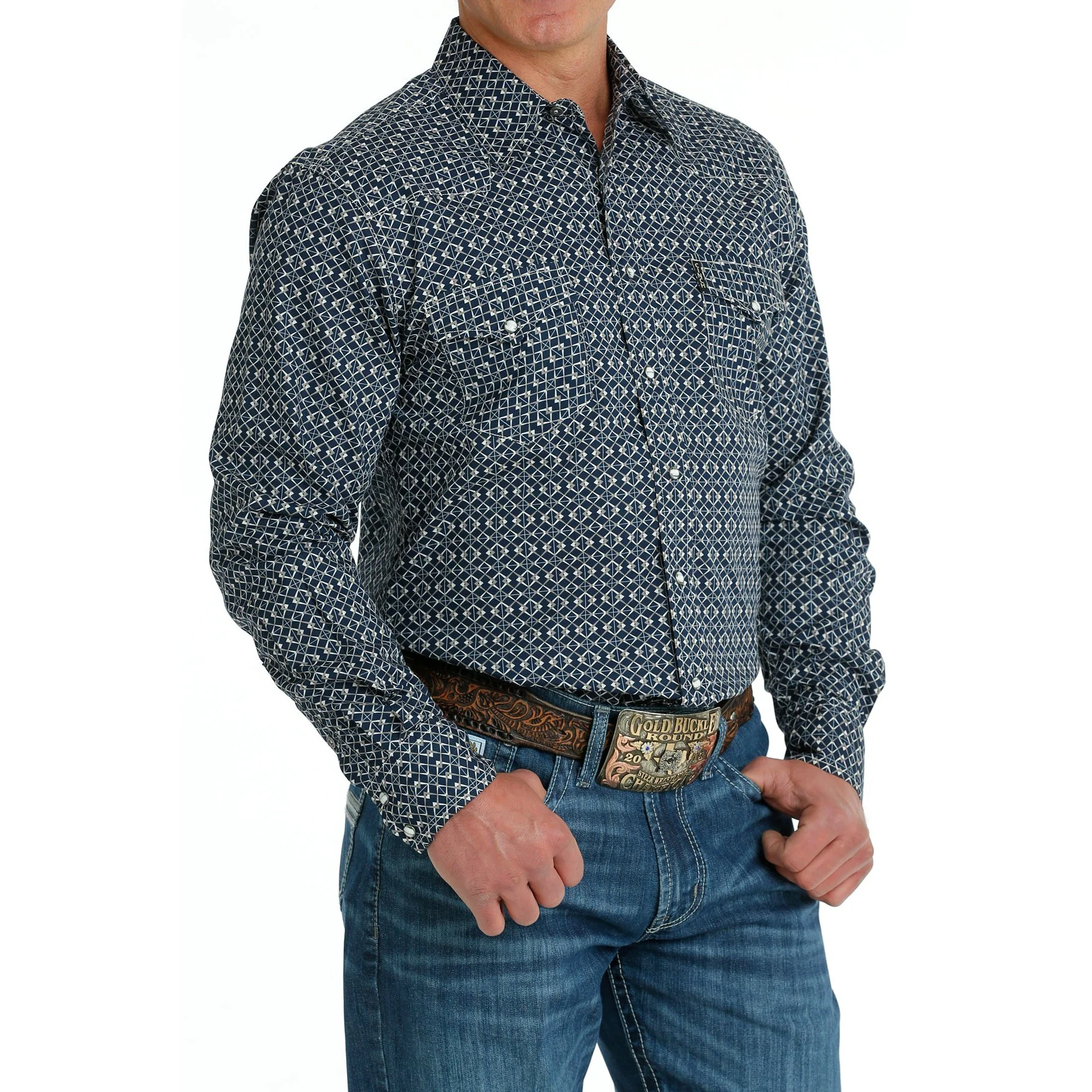 Cinch Men's Long Sleeve Modern Fit Geometric Print Snap Shirt - Navy - Image 3