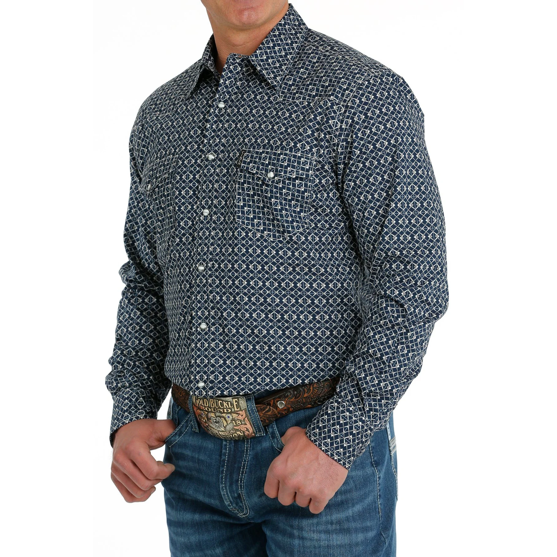 Cinch Men's Long Sleeve Modern Fit Geometric Print Snap Shirt - Navy - Image 4