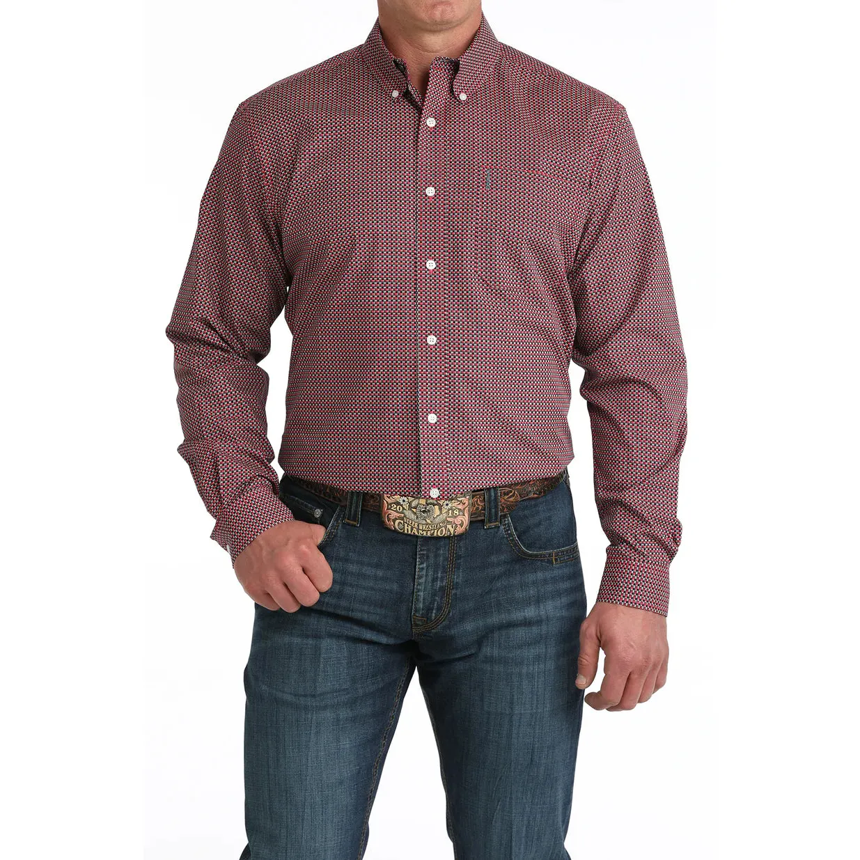 Cinch Men's Long Sleeve Print Modern Fit Shirt - Pink