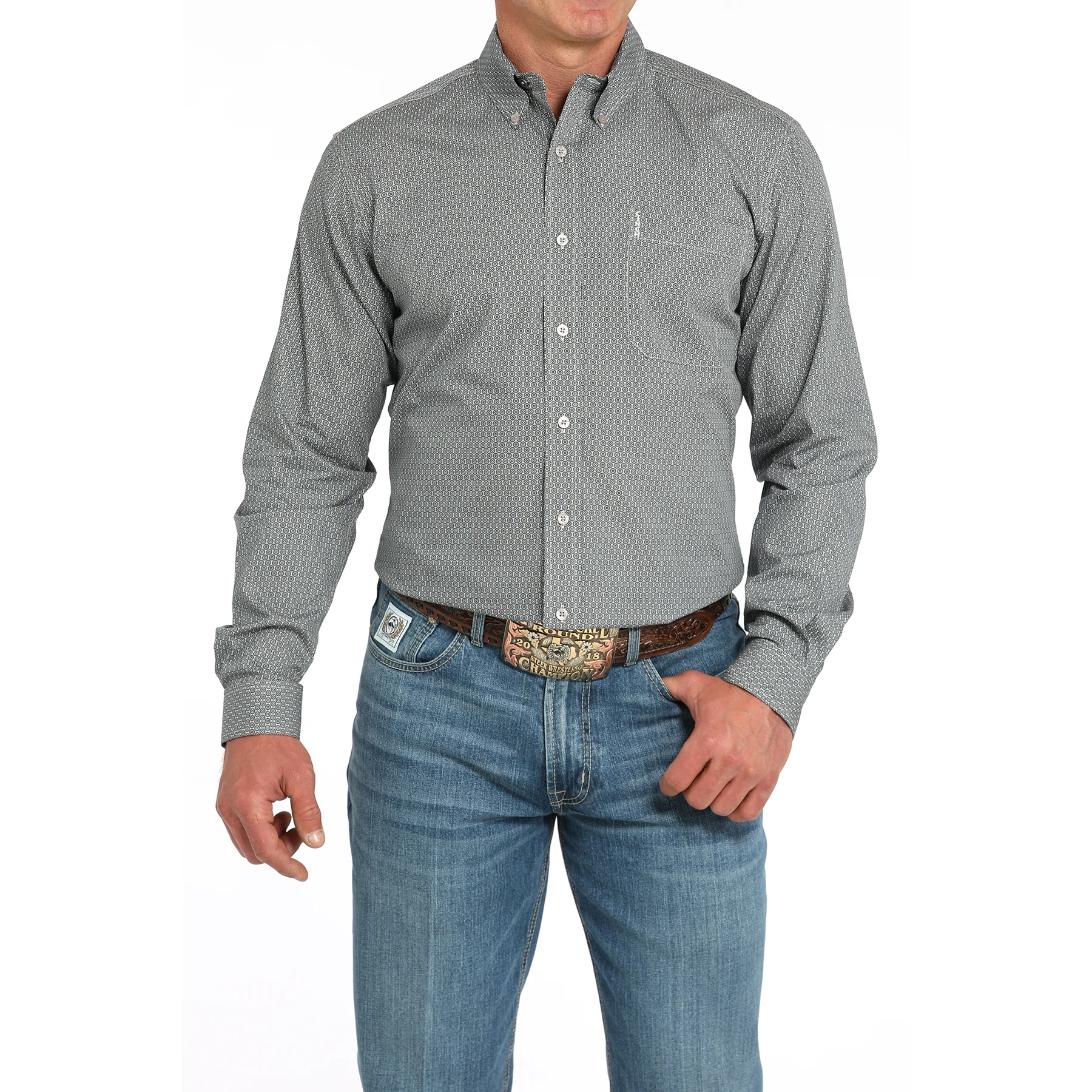 Cinch Men's Long  Sleeve Print Modern Shirt- Grey