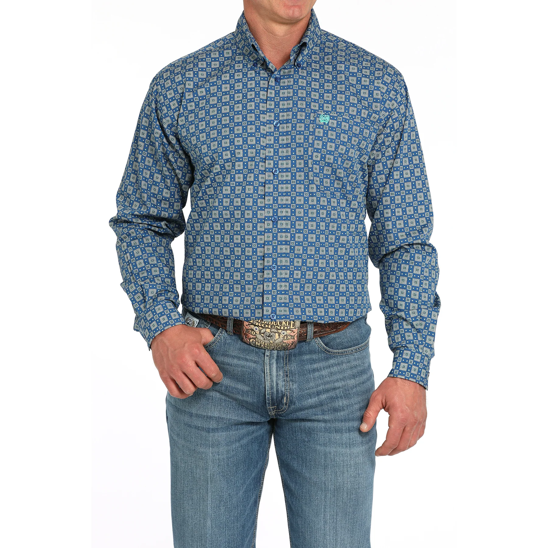 Cinch Men's Long Sleeve Print Shirt-Royal Blue