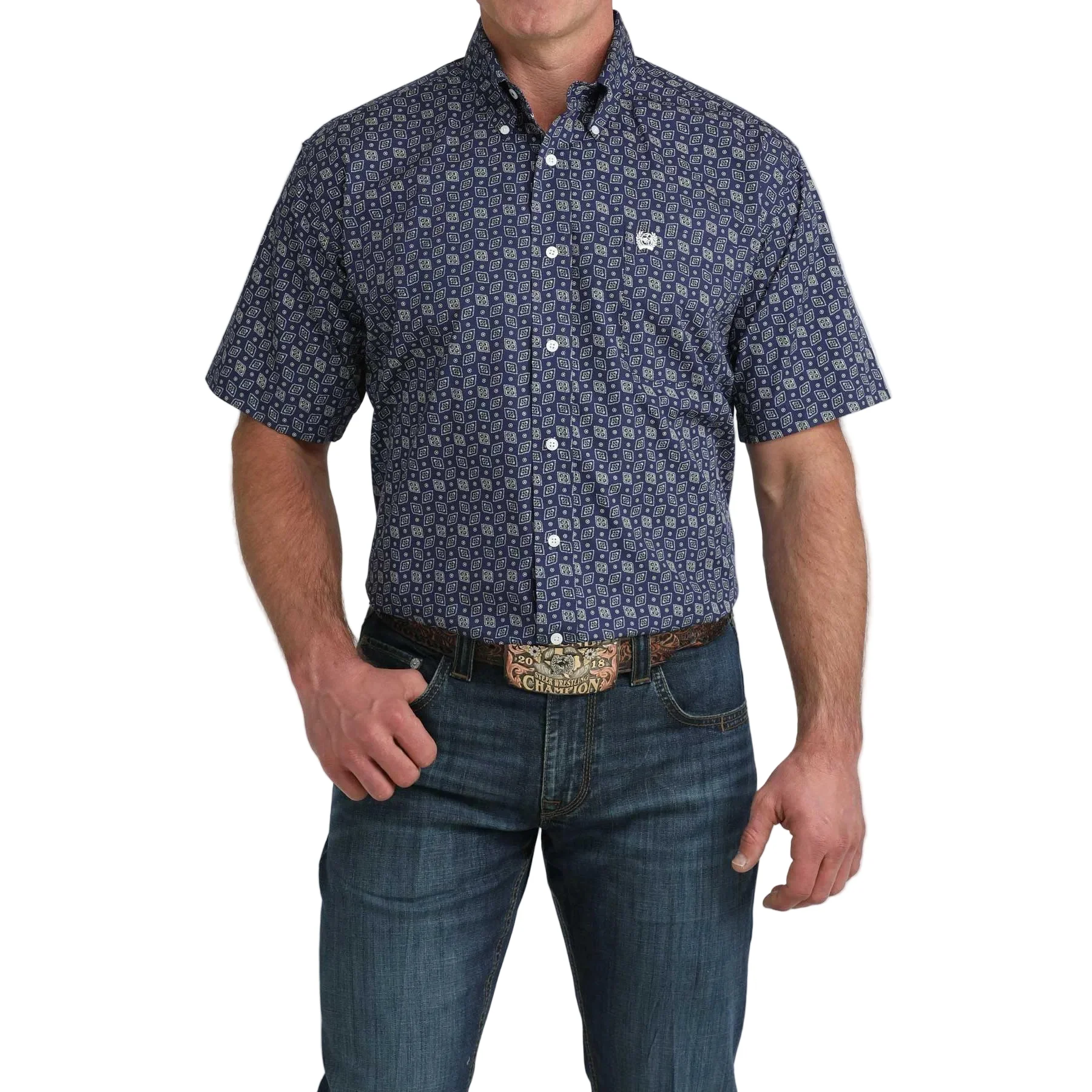 Cinch Men's Short Sleeve Geometric Print Western Shirt -Royal Blue