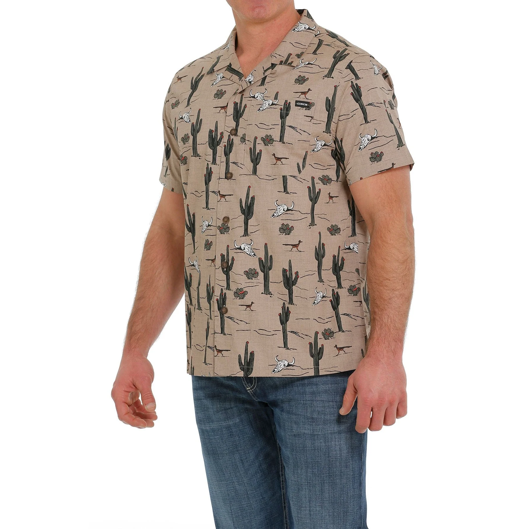 Cinch Men's Cactus Print Short Sleeve Camp Shirt - Khaki - Image 3