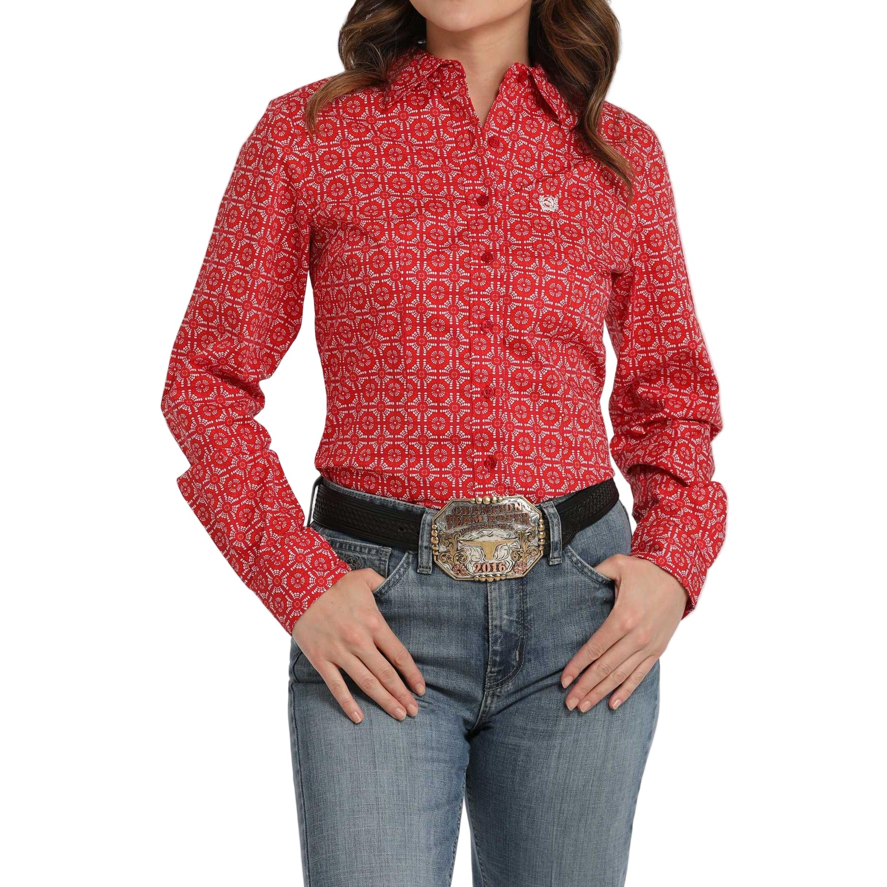 Cinch Women's Long Sleeve Print Shirt 725- Red - Image 2