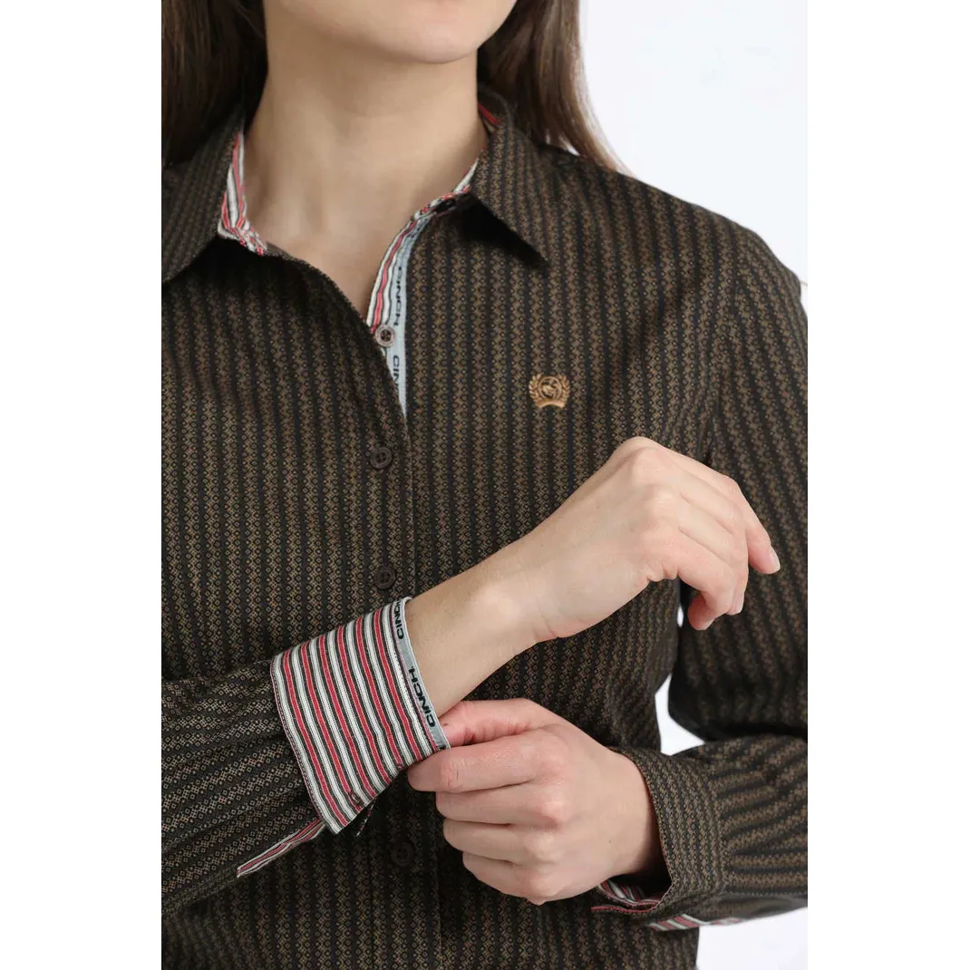 Cinch Women's Long Sleeve Western Geo Stripe Shirt- Brown - Image 2