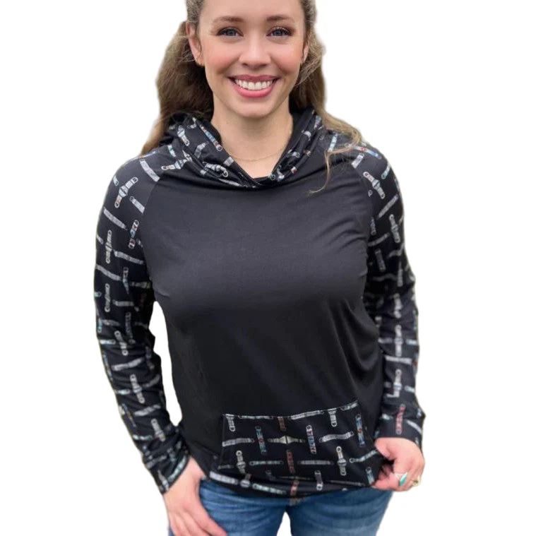 Cinched Up Women's Long Sleeve Tee Shirt Hoodie- Black - Image 3