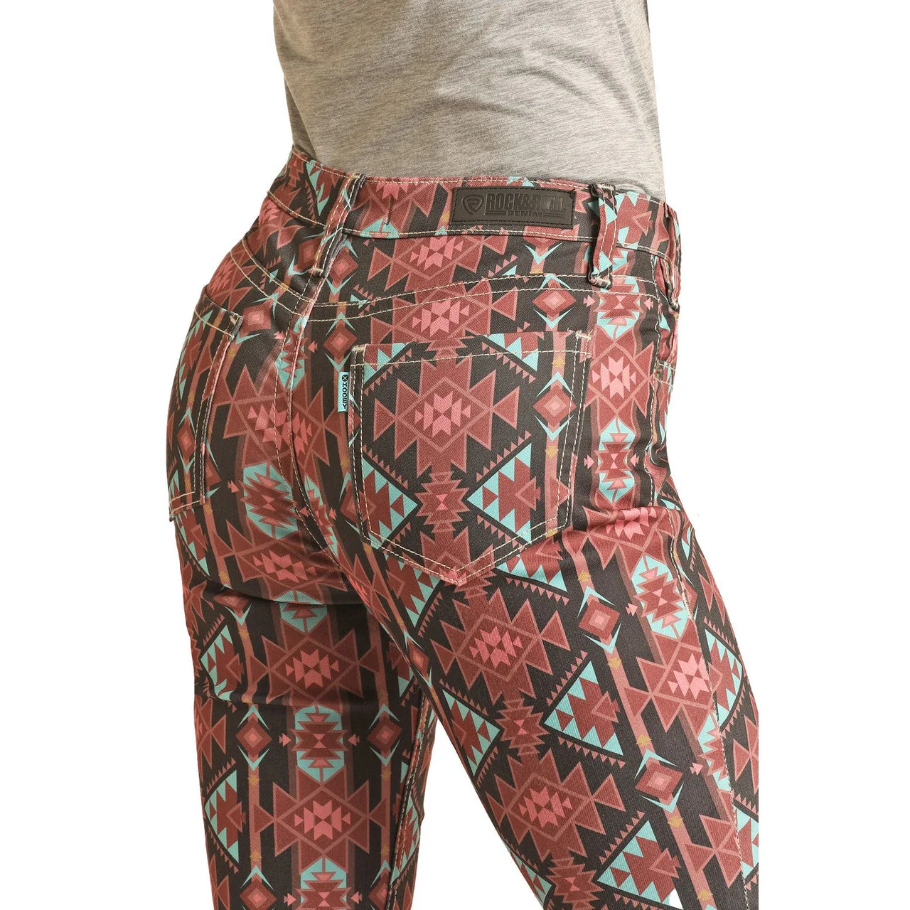 Rock & Roll Hooey Women's Aztec High Rise Extra Stretch Baby Flare Jeans - Pink/Black - Image 3