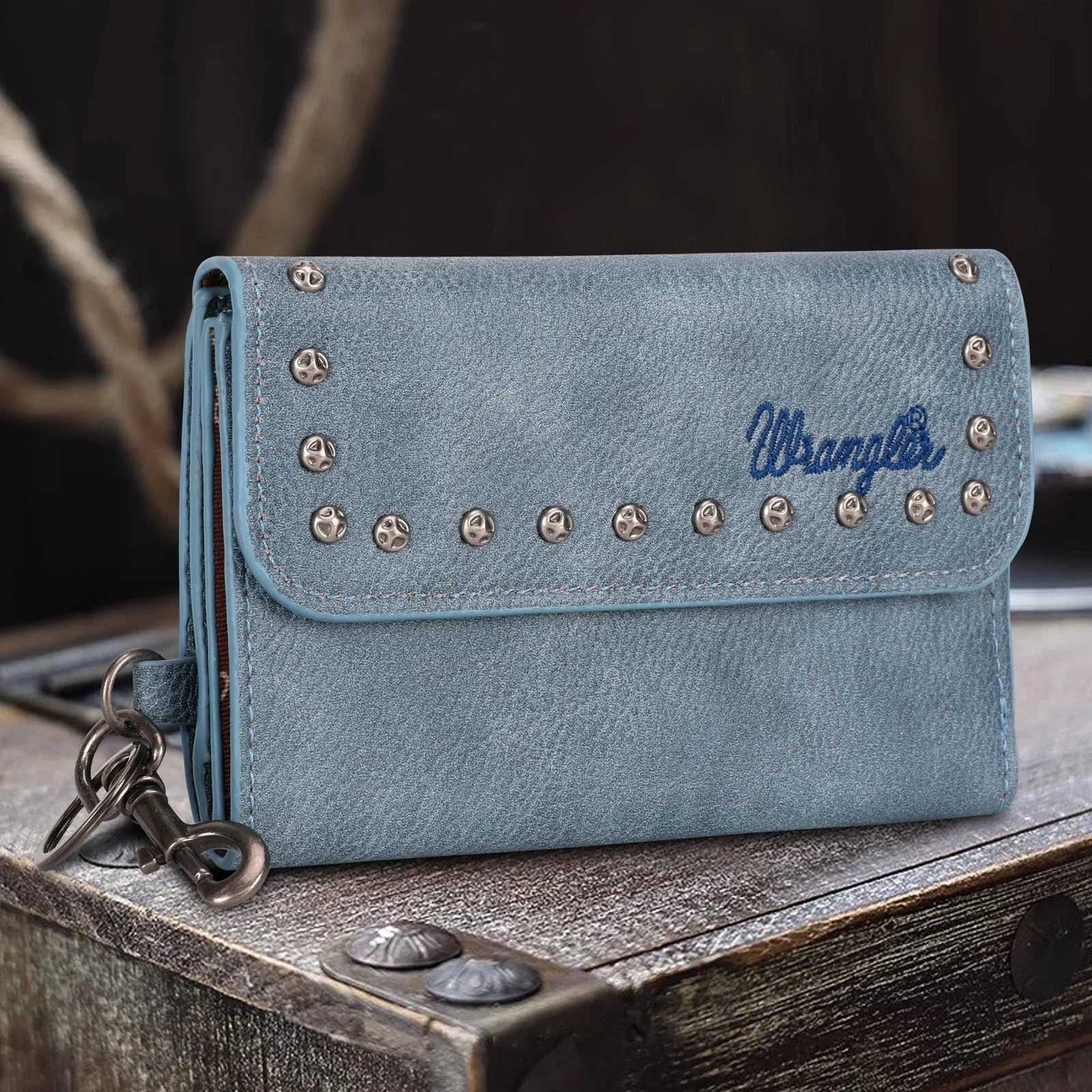 Wrangler Women's Studded Accents Tri-Fold Keychain Wallet - Jean - Image 2