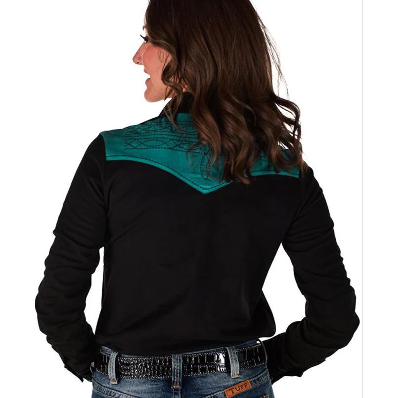 Cowgirl Tuff  Button Up Western Shirt with Turquoise Accents- Black - Image 2