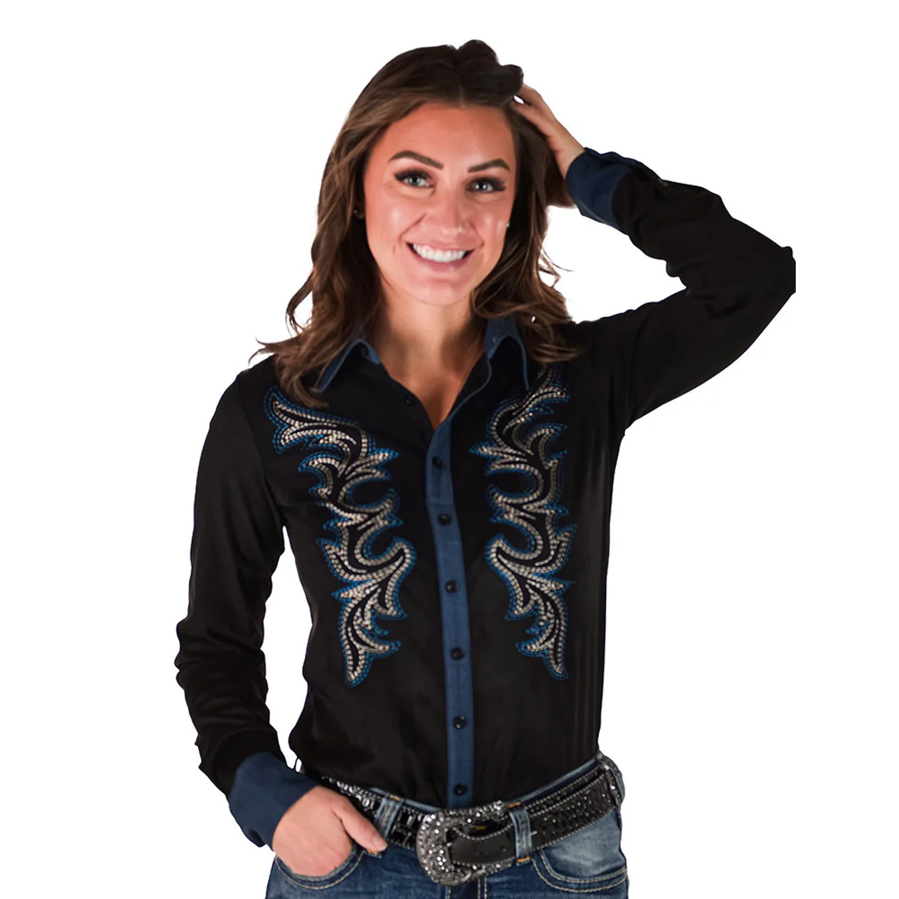 Cowgirl Tuff  Button Up Embroidered Long Sleeve Shirt- Black - Image 2