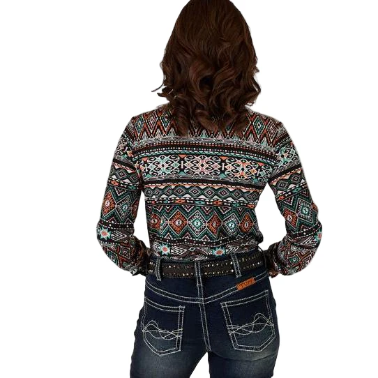 Cowgirl Tuff  Women's Long Sleeve Button Up Stretch Jersey - Geometric Print - Image 2