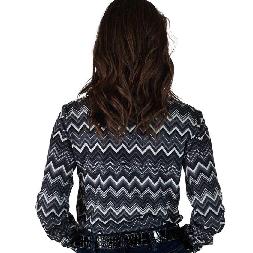 Cowgirl Tuff  Women's Long Sleeve Chevron Print Stretch Jersey- Grey - Image 2
