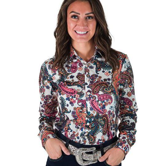 Cowgirl Tuff Women's Long Sleeve Paisley Stretch Jersey- Multi